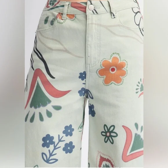 Easel Bold, Floral Rock Wide Leg Jeans - Cream, Green, Orange NWT Size Large - Picture 6 of 10